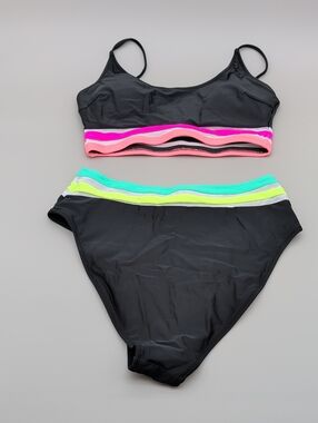 Popvil Black Neon Striped High Waisted 2 Piece Bikini Set Padded NWOT Medium